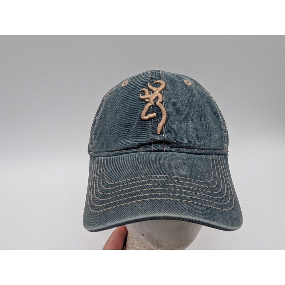 Browning Buckmark Blue Faded Cotton Adjustable Baseball Cap Hat Tan Embroidery